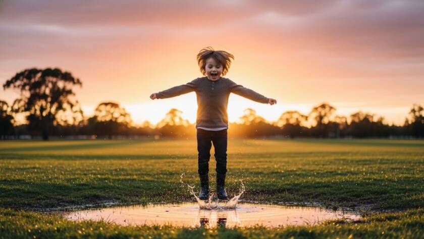 A vibrant, professionally colour-graded photograph depicting a child bursting with laughter while running through an open field at sunset in Ardeer, capturing an authentic joyful moment. This Ardeer Kids Photography Capturing Joyful Moments image showcases pure childhood happiness with dramatic golden hour lighting and bokeh.