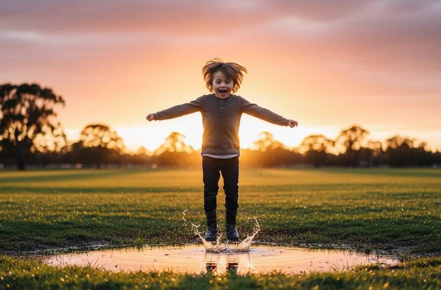 A vibrant, professionally colour-graded photograph depicting a child bursting with laughter while running through an open field at sunset in Ardeer, capturing an authentic joyful moment. This Ardeer Kids Photography Capturing Joyful Moments image showcases pure childhood happiness with dramatic golden hour lighting and bokeh.