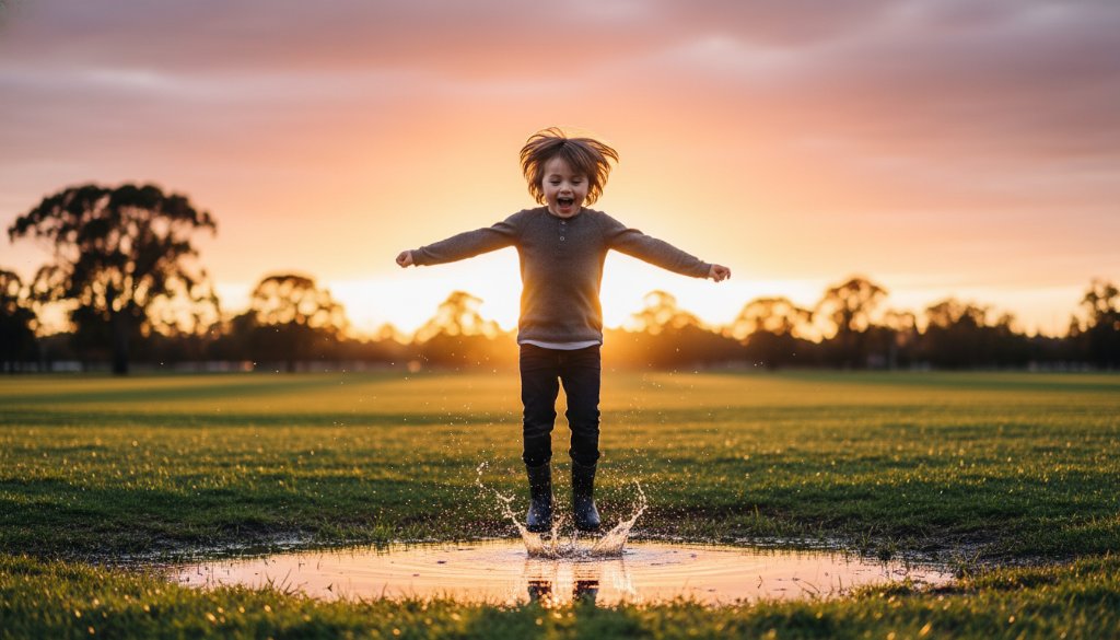 A vibrant, professionally colour-graded photograph depicting a child bursting with laughter while running through an open field at sunset in Ardeer, capturing an authentic joyful moment. This Ardeer Kids Photography Capturing Joyful Moments image showcases pure childhood happiness with dramatic golden hour lighting and bokeh.