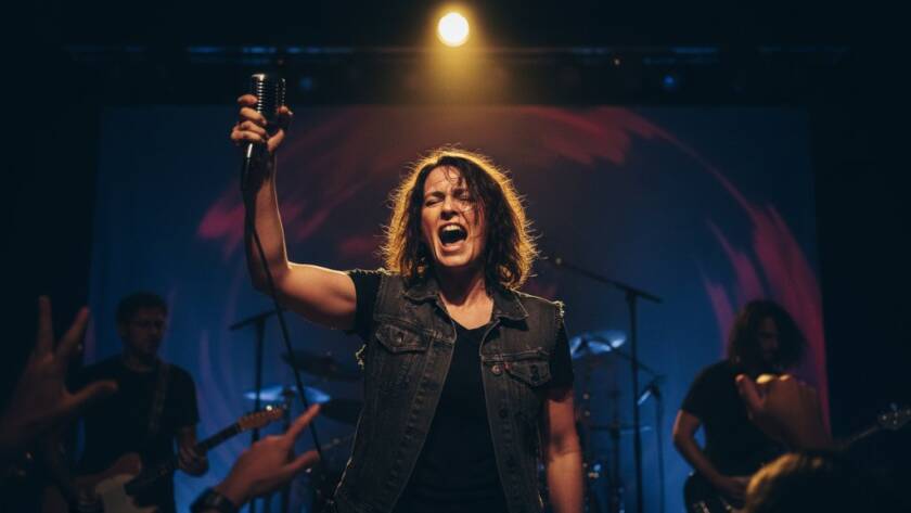 A dynamic shot of a lead guitarist mid-solo on stage at a local Ardeer venue, bathed in dramatic magenta and blue stage lights, capturing the vibrant energy of Ardeer live music photography.