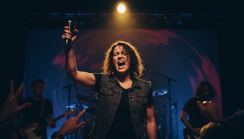 A dynamic shot of a lead guitarist mid-solo on stage at a local Ardeer venue, bathed in dramatic magenta and blue stage lights, capturing the vibrant energy of Ardeer live music photography.