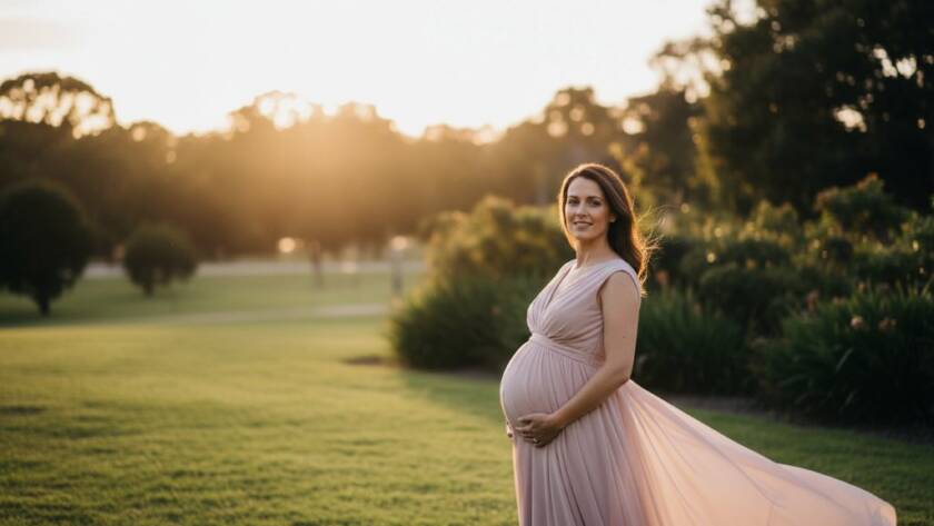 A breathtaking Ardeer maternity photography capturing glowing moments at sunset, featuring an expectant mother in a flowing gown, silhouetted against a vibrant, golden sky over a peaceful Ardeer park, embodying an epic, serene moment of anticipation with dramatic lighting and professional color grading.