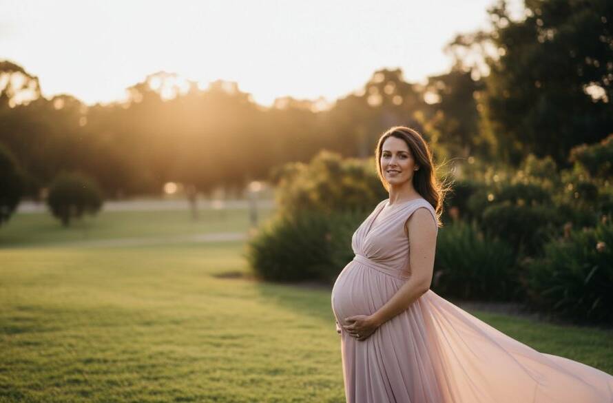 A breathtaking Ardeer maternity photography capturing glowing moments at sunset, featuring an expectant mother in a flowing gown, silhouetted against a vibrant, golden sky over a peaceful Ardeer park, embodying an epic, serene moment of anticipation with dramatic lighting and professional color grading.