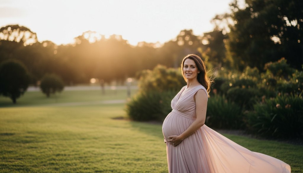 A breathtaking Ardeer maternity photography capturing glowing moments at sunset, featuring an expectant mother in a flowing gown, silhouetted against a vibrant, golden sky over a peaceful Ardeer park, embodying an epic, serene moment of anticipation with dramatic lighting and professional color grading.