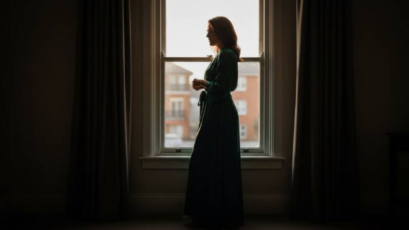 A striking, cinematic portrait of a woman embodying confidence and grace during her Ardeer Victoria boudoir photography experience, bathed in dramatic, soft light, with a hint of urban landscape in the background, showcasing professional color grading.