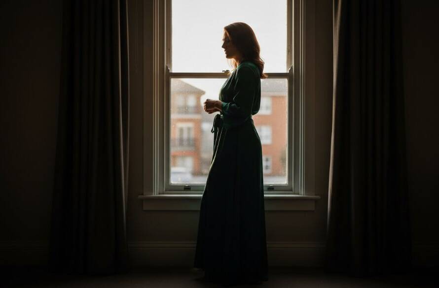 A striking, cinematic portrait of a woman embodying confidence and grace during her Ardeer Victoria boudoir photography experience, bathed in dramatic, soft light, with a hint of urban landscape in the background, showcasing professional color grading.