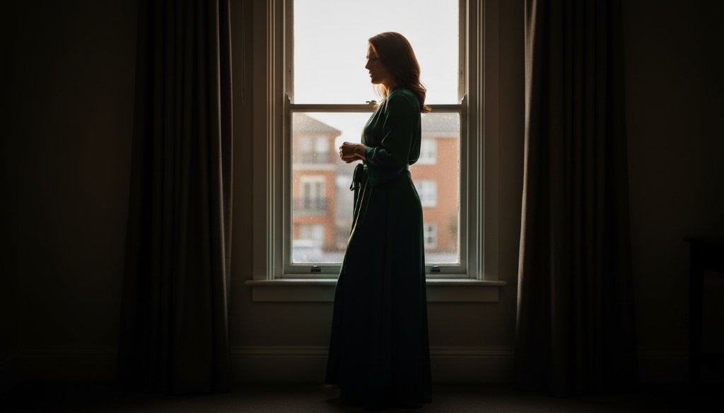 A striking, cinematic portrait of a woman embodying confidence and grace during her Ardeer Victoria boudoir photography experience, bathed in dramatic, soft light, with a hint of urban landscape in the background, showcasing professional color grading.