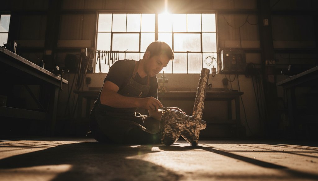 An epic, low-angle shot of a dynamic Ardeer Victoria commercial photography elevating local businesses photoshoot, capturing a local artisan meticulously crafting a product in a sun-drenched workshop, with dramatic lens flare and a blurred industrial Ardeer backdrop, symbolizing growth and craftsmanship.