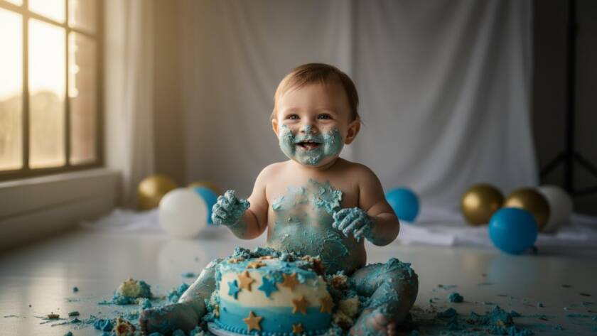 An epic moment of a baby joyfully smashing a cake during an Ardeer Victoria heartfelt first birthday cake smash session, dramatic golden hour light from the side, cake and baby covered in icing, delighted expression, professional studio quality photo.