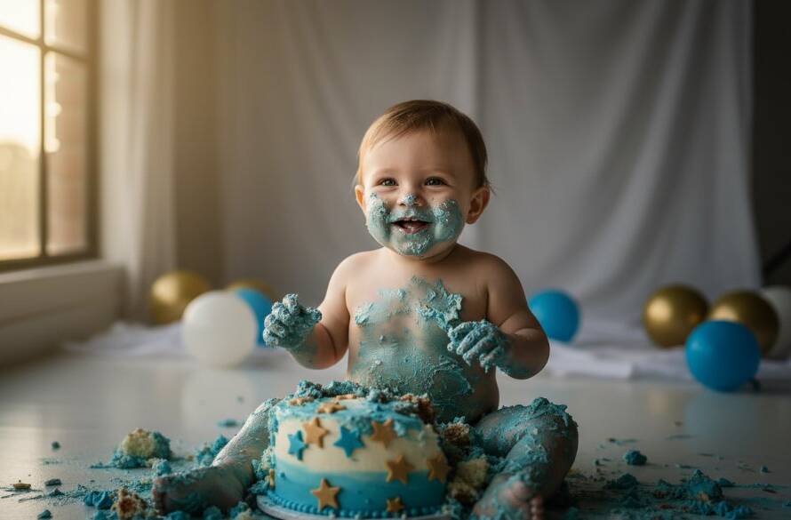 An epic moment of a baby joyfully smashing a cake during an Ardeer Victoria heartfelt first birthday cake smash session, dramatic golden hour light from the side, cake and baby covered in icing, delighted expression, professional studio quality photo.