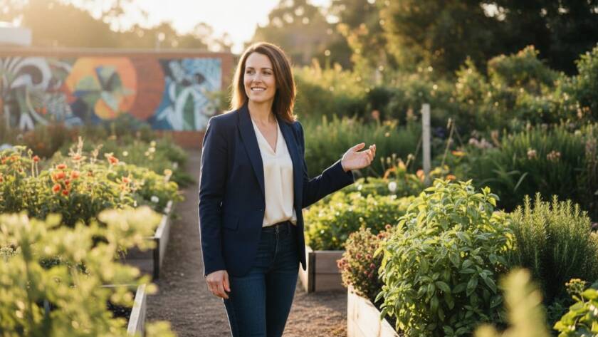 An inspiring Ardeer Victoria personal brand photography portrait featuring a local entrepreneur, bathed in golden hour light against a vibrant Ardeer community garden mural, radiating confidence and approachability.