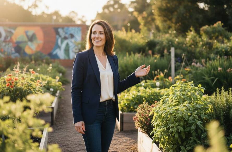An inspiring Ardeer Victoria personal brand photography portrait featuring a local entrepreneur, bathed in golden hour light against a vibrant Ardeer community garden mural, radiating confidence and approachability.