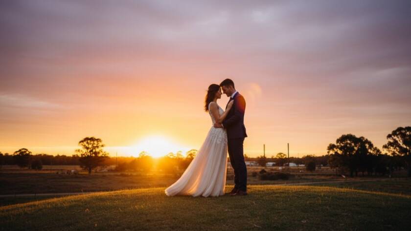 A romantically lit Ardeer Victoria pre-wedding sunset photoshoot experience, featuring a couple embracing against a dramatic, golden-hour sky with silhouettes of native trees and industrial structures in the distance, evoking an epic moment.