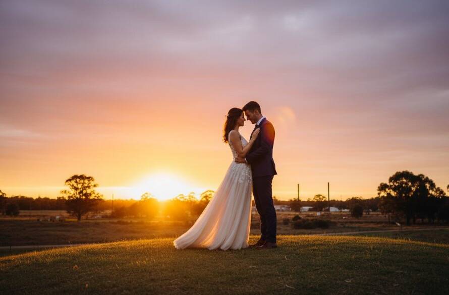 A romantically lit Ardeer Victoria pre-wedding sunset photoshoot experience, featuring a couple embracing against a dramatic, golden-hour sky with silhouettes of native trees and industrial structures in the distance, evoking an epic moment.