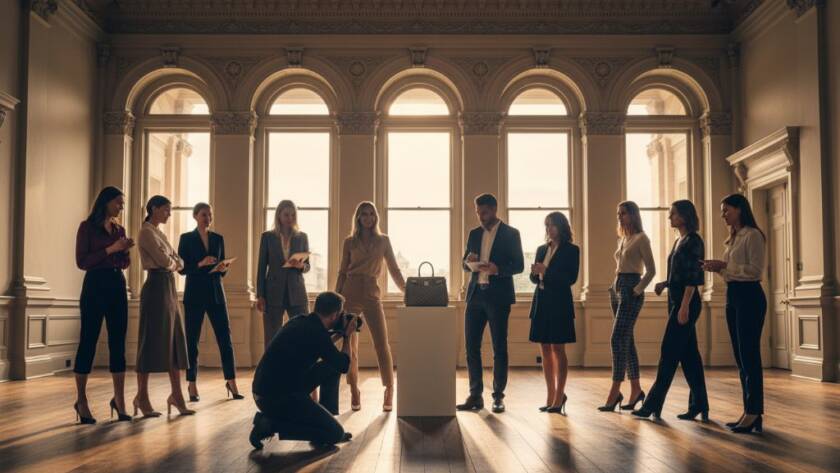 A dynamic overhead shot showcasing the impactful results of Armadale boutique advertising photography, featuring a stylish product launch event in a sun-drenched Armadale heritage building, perfectly encapsulating a moment of modern elegance and brand success.