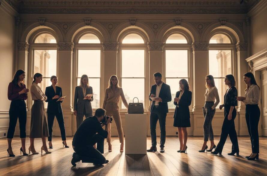 A dynamic overhead shot showcasing the impactful results of Armadale boutique advertising photography, featuring a stylish product launch event in a sun-drenched Armadale heritage building, perfectly encapsulating a moment of modern elegance and brand success.