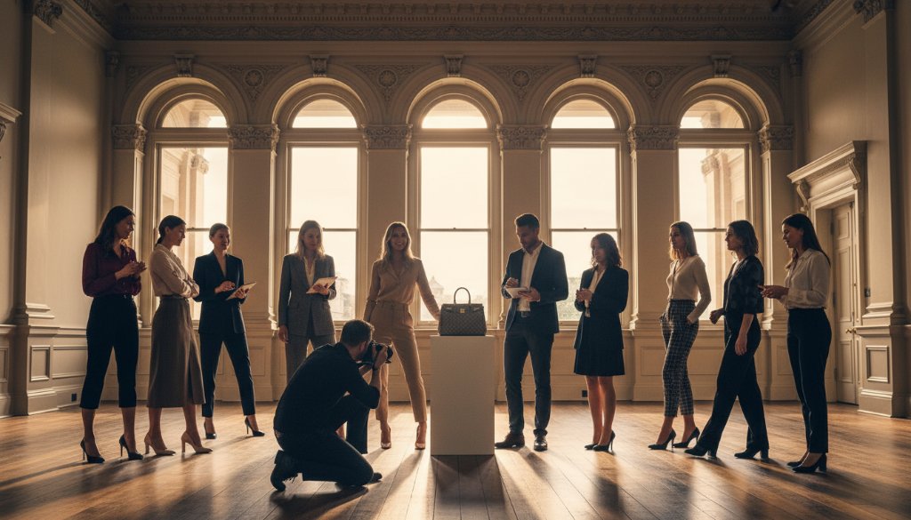 A dynamic overhead shot showcasing the impactful results of Armadale boutique advertising photography, featuring a stylish product launch event in a sun-drenched Armadale heritage building, perfectly encapsulating a moment of modern elegance and brand success.