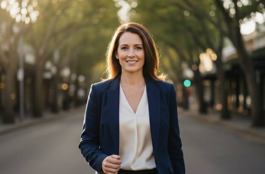 Dramatic close-up of a confident female executive in a modern Armadale office, smiling genuinely. The professional portrait showcases her strong personal brand, perfectly embodying 'Armadale executive headshots that elevate professional brands', with soft, professional lighting and a shallow depth of field.