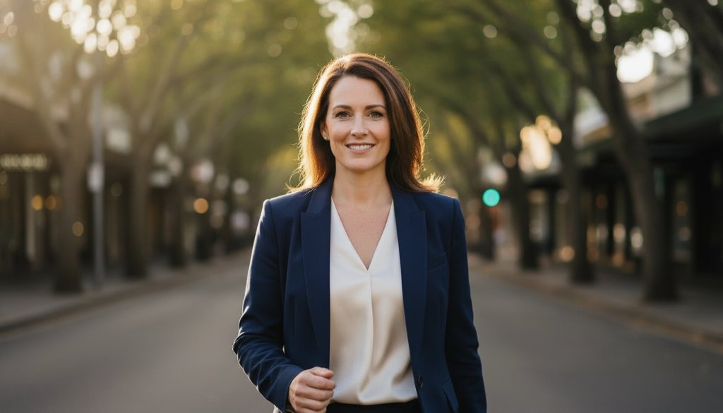 Dramatic close-up of a confident female executive in a modern Armadale office, smiling genuinely. The professional portrait showcases her strong personal brand, perfectly embodying 'Armadale executive headshots that elevate professional brands', with soft, professional lighting and a shallow depth of field.
