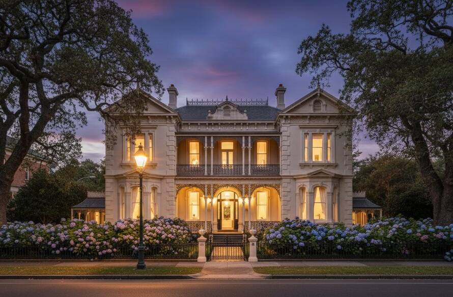 An epic moment captured in Armadale Fine Art Photography Heritage Homes, showcasing the grand Victorian facade of a historic mansion at dusk, with warm light spilling from its windows, highlighting intricate details and lush garden. The sky is a dramatic twilight blue, professionally colour-graded.