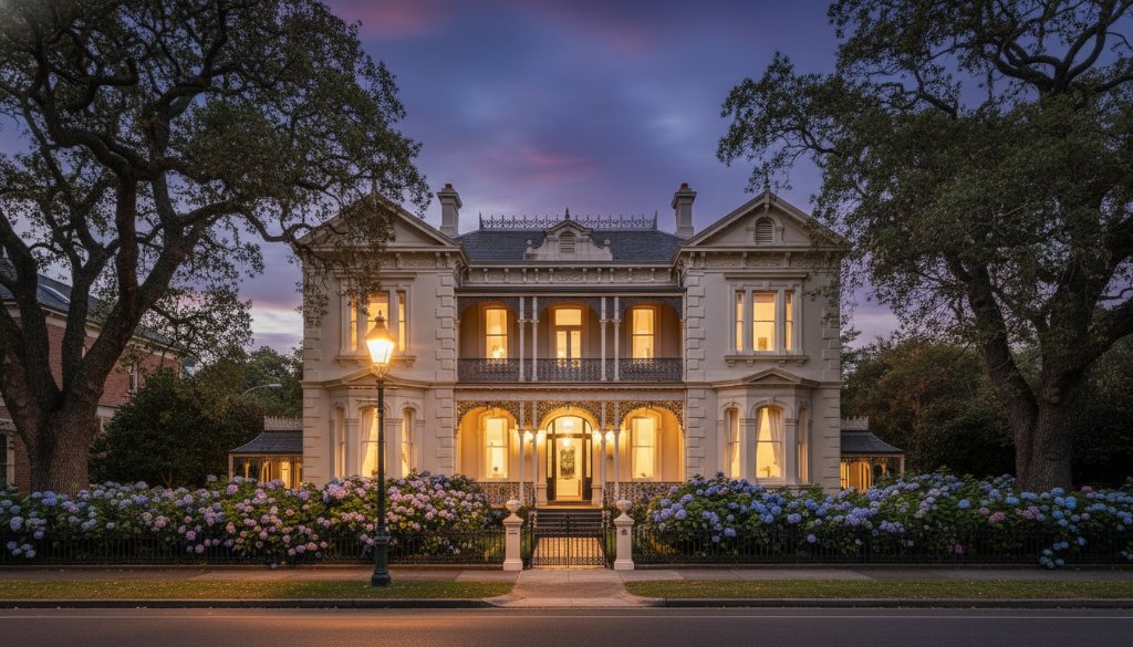 An epic moment captured in Armadale Fine Art Photography Heritage Homes, showcasing the grand Victorian facade of a historic mansion at dusk, with warm light spilling from its windows, highlighting intricate details and lush garden. The sky is a dramatic twilight blue, professionally colour-graded.