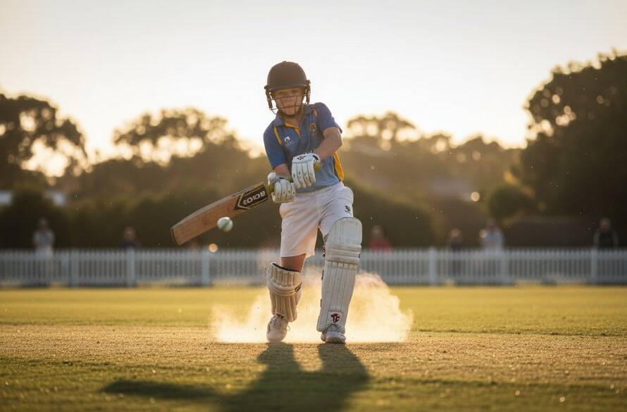 An exhilarating, sun-drenched photograph capturing a young cricketer mid-action during Armadale junior cricket action photography, dramatically lit with golden hour light as they hit a powerful shot, dust rising.
