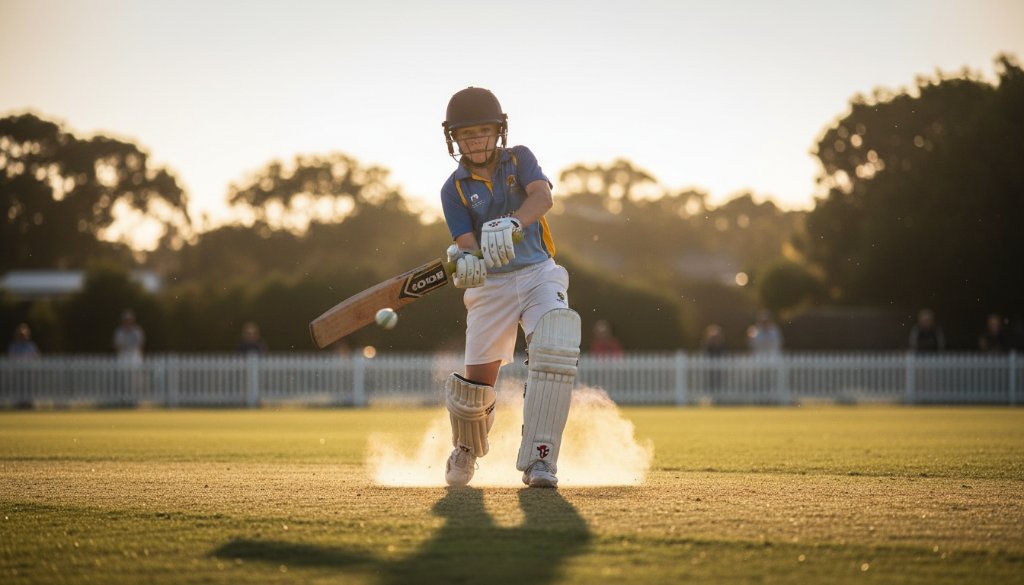 An exhilarating, sun-drenched photograph capturing a young cricketer mid-action during Armadale junior cricket action photography, dramatically lit with golden hour light as they hit a powerful shot, dust rising.