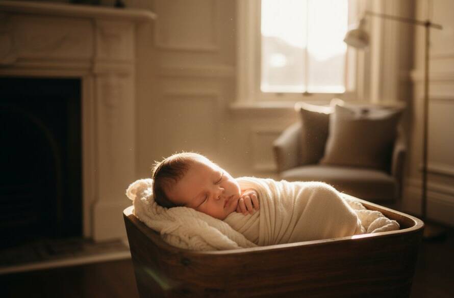 A tender, close-up portrait of a sleeping newborn baby held gently in parents' hands, bathed in soft, ethereal light, capturing precious family bonds in Armadale newborn photography.