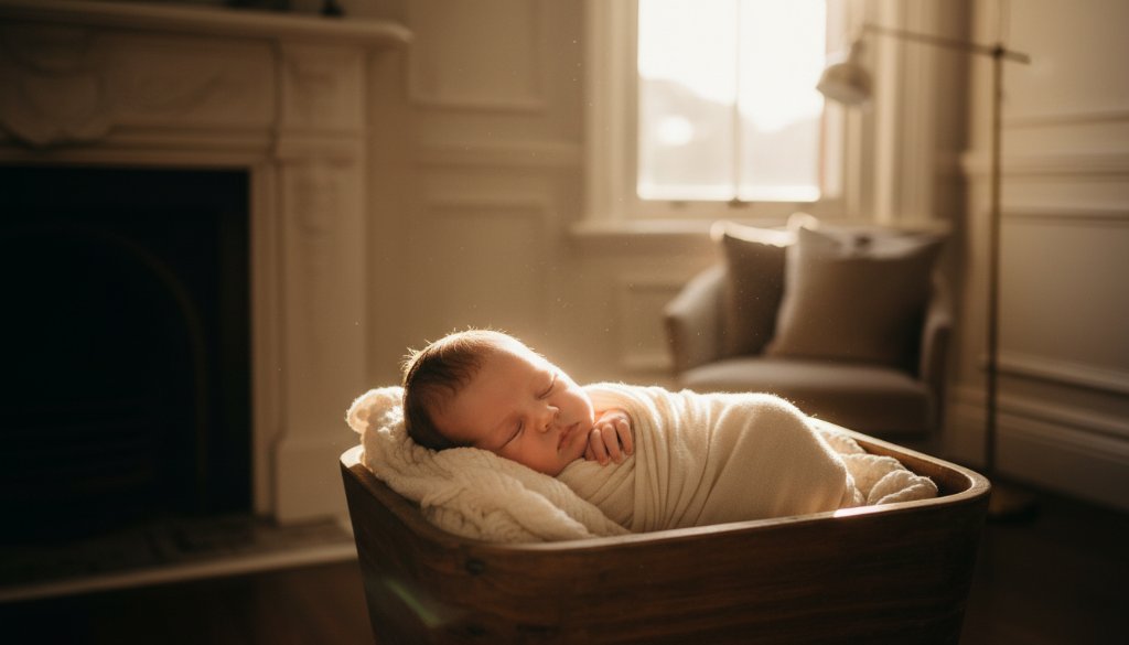A tender, close-up portrait of a sleeping newborn baby held gently in parents' hands, bathed in soft, ethereal light, capturing precious family bonds in Armadale newborn photography.