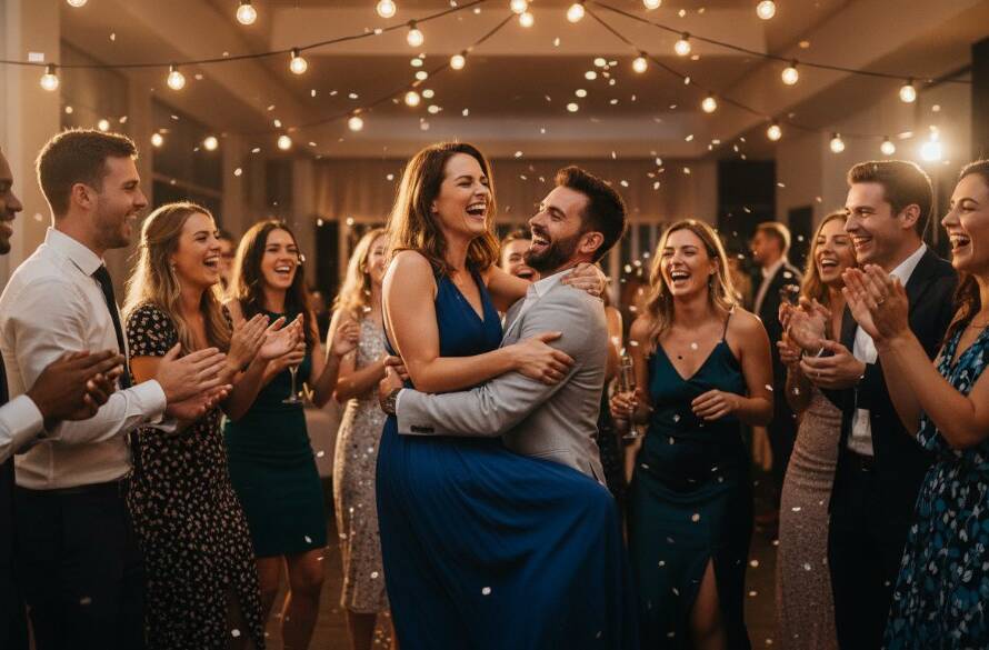 An energetic, candid wide-angle shot of friends laughing and dancing under twinkling fairy lights at a vibrant Armadale party, perfectly illustrating professional Armadale party photography capturing genuine fun with dynamic lighting and joyful expressions.
