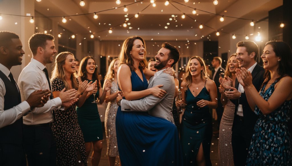 An energetic, candid wide-angle shot of friends laughing and dancing under twinkling fairy lights at a vibrant Armadale party, perfectly illustrating professional Armadale party photography capturing genuine fun with dynamic lighting and joyful expressions.