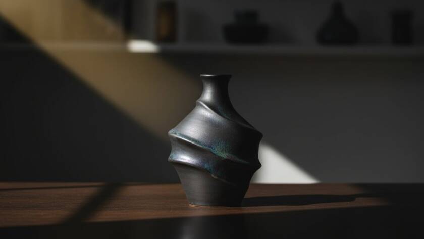 Dynamic, professionally lit studio shot showcasing a handcrafted Armadale ceramic vase, perfectly composed with subtle reflections, highlighting the exquisite details for premium product photography for artisan brands, captured with dramatic flair.