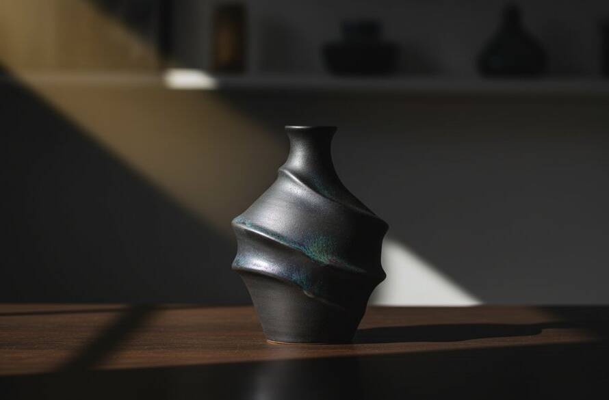 Dynamic, professionally lit studio shot showcasing a handcrafted Armadale ceramic vase, perfectly composed with subtle reflections, highlighting the exquisite details for premium product photography for artisan brands, captured with dramatic flair.