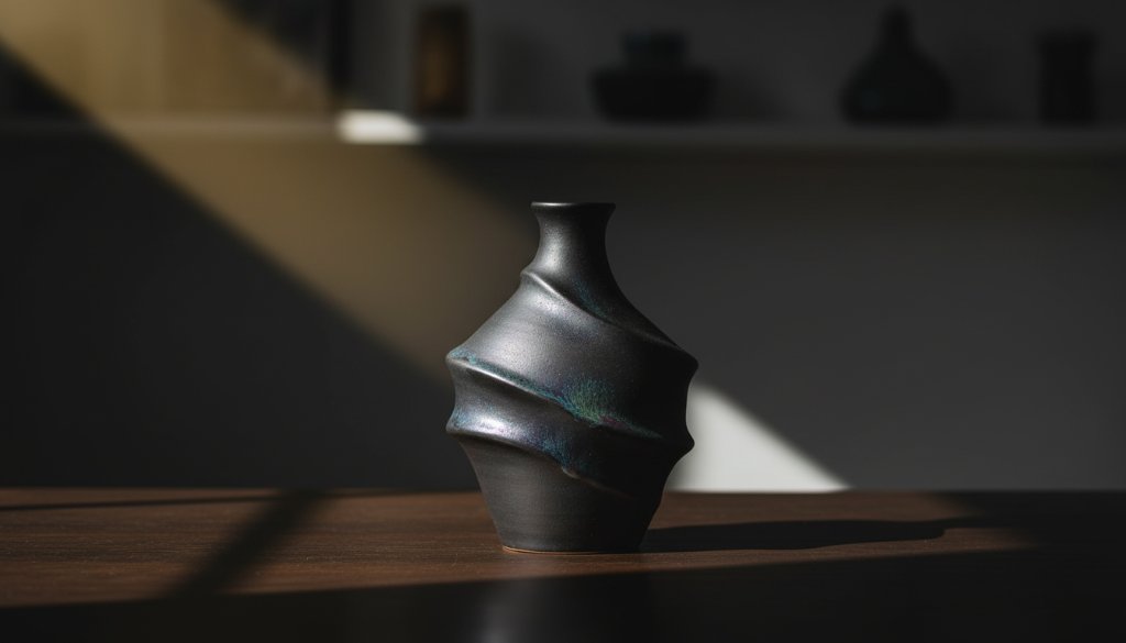 Dynamic, professionally lit studio shot showcasing a handcrafted Armadale ceramic vase, perfectly composed with subtle reflections, highlighting the exquisite details for premium product photography for artisan brands, captured with dramatic flair.