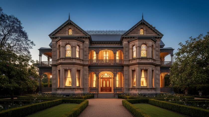 A wide-angle, cinematic photograph showcasing an elegant, modern luxury home in Armadale, Victoria, at twilight, with interior lights glowing warmly through large windows and a meticulously landscaped garden in the foreground. This stunning Armadale prestige home photography Melbourne specialists image captures the property's aspirational lifestyle and architectural grandeur, emphasizing its unique character with dramatic, professional lighting and colour grading.
