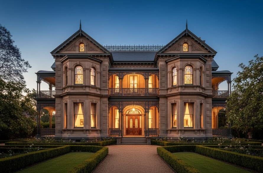 A wide-angle, cinematic photograph showcasing an elegant, modern luxury home in Armadale, Victoria, at twilight, with interior lights glowing warmly through large windows and a meticulously landscaped garden in the foreground. This stunning Armadale prestige home photography Melbourne specialists image captures the property's aspirational lifestyle and architectural grandeur, emphasizing its unique character with dramatic, professional lighting and colour grading.