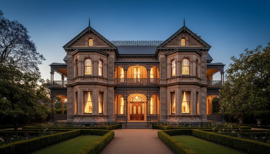 A wide-angle, cinematic photograph showcasing an elegant, modern luxury home in Armadale, Victoria, at twilight, with interior lights glowing warmly through large windows and a meticulously landscaped garden in the foreground. This stunning Armadale prestige home photography Melbourne specialists image captures the property's aspirational lifestyle and architectural grandeur, emphasizing its unique character with dramatic, professional lighting and colour grading.
