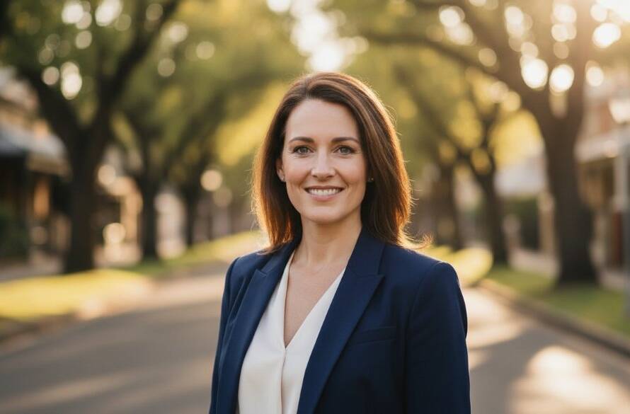 A captivating 'epic moment' style professional headshot of a confident individual, set against the elegant, tree-lined streets of Armadale, Victoria. Dramatic natural light highlights their sharp suit and genuine smile, creating a powerful Armadale professional headshots for personal branding image with shallow depth of field, showcasing professionalism and approachability.