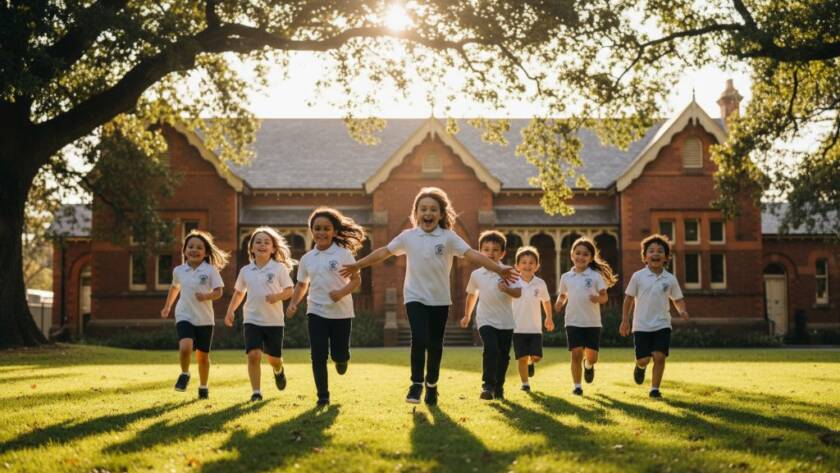 A vibrant, wide-angle, cinematic "epic moment" photograph showcasing Armadale school photography capturing authentic student joy, with a diverse group of primary school children laughing and running through dappled sunlight in a beautiful, historic Armadale schoolyard, framed by classic Victorian architecture and lush green trees, professionally colour-graded.