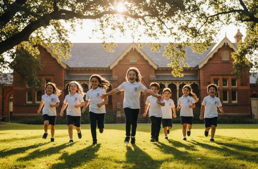 A vibrant, wide-angle, cinematic "epic moment" photograph showcasing Armadale school photography capturing authentic student joy, with a diverse group of primary school children laughing and running through dappled sunlight in a beautiful, historic Armadale schoolyard, framed by classic Victorian architecture and lush green trees, professionally colour-graded.