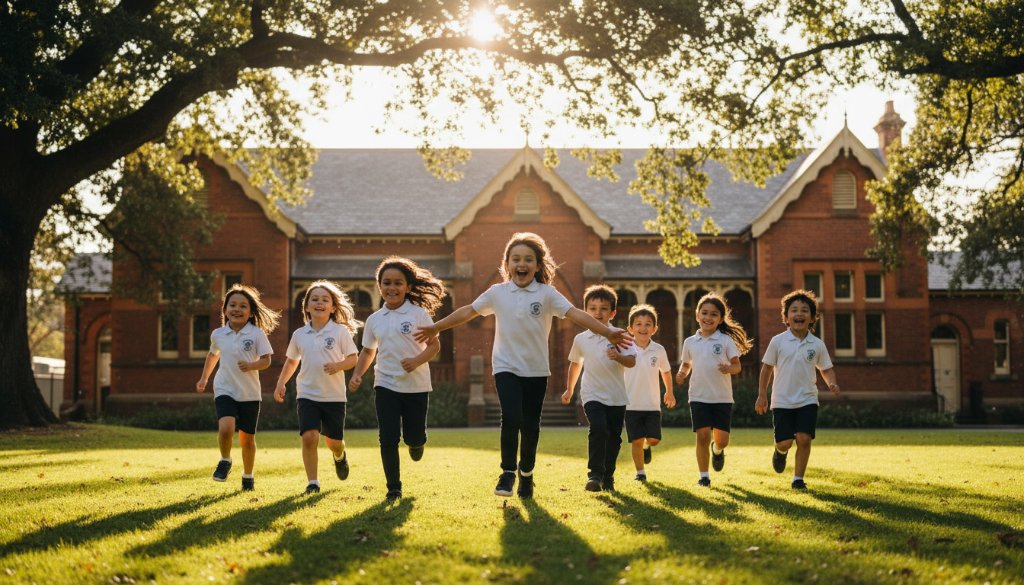A vibrant, wide-angle, cinematic "epic moment" photograph showcasing Armadale school photography capturing authentic student joy, with a diverse group of primary school children laughing and running through dappled sunlight in a beautiful, historic Armadale schoolyard, framed by classic Victorian architecture and lush green trees, professionally colour-graded.