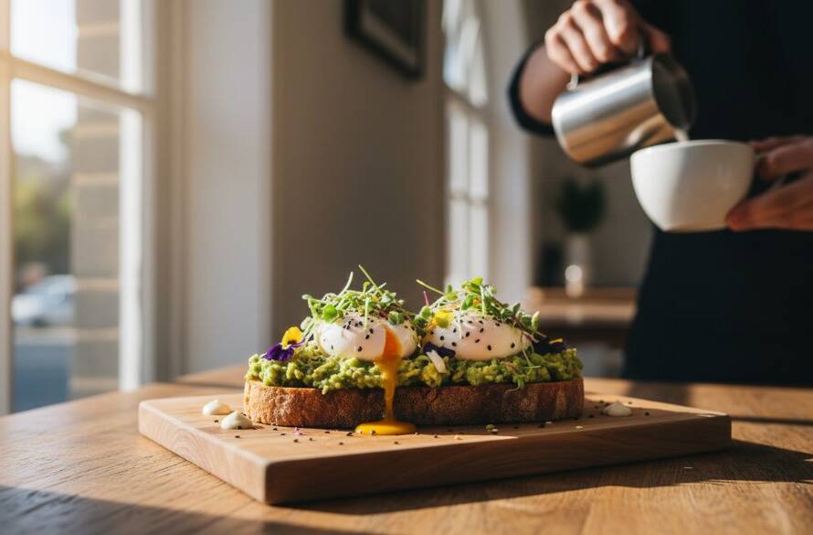 An epic moment of Armadale Victoria Cafe Food Photography, showcasing a beautifully plated brunch dish with dramatic natural light streaming through a cafe window, highlighting texture and vibrant colours.
