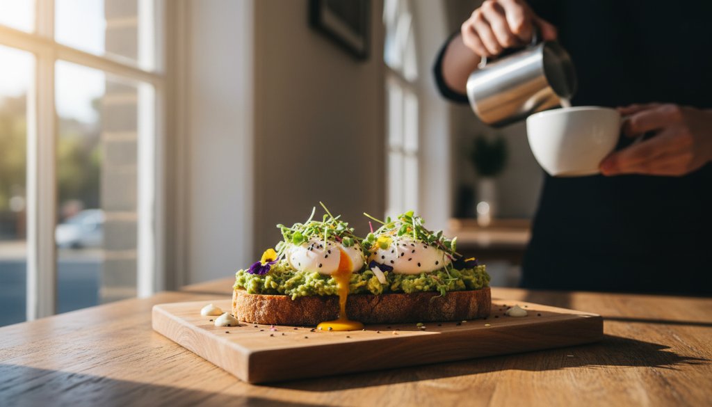 An epic moment of Armadale Victoria Cafe Food Photography, showcasing a beautifully plated brunch dish with dramatic natural light streaming through a cafe window, highlighting texture and vibrant colours.