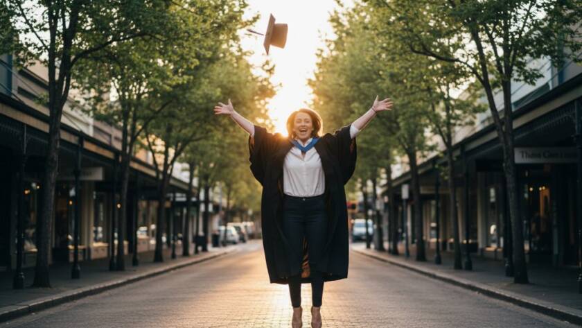 A jubilant graduate, cap triumphantly thrown in the air against the iconic tree-lined streets of Armadale, bathed in golden hour light, celebrating their success with Armadale Victoria professional graduation photography, an epic moment frozen in time.