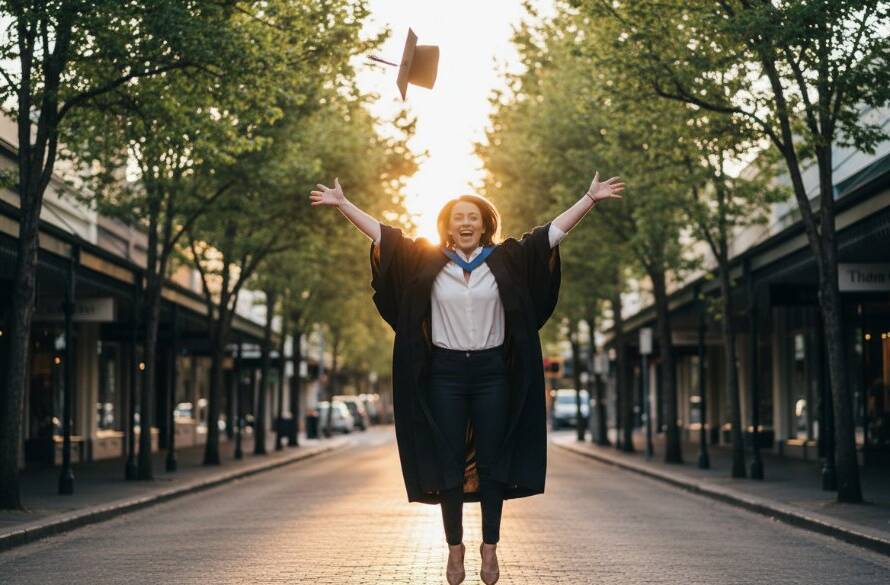 A jubilant graduate, cap triumphantly thrown in the air against the iconic tree-lined streets of Armadale, bathed in golden hour light, celebrating their success with Armadale Victoria professional graduation photography, an epic moment frozen in time.