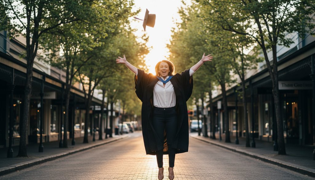 A jubilant graduate, cap triumphantly thrown in the air against the iconic tree-lined streets of Armadale, bathed in golden hour light, celebrating their success with Armadale Victoria professional graduation photography, an epic moment frozen in time.