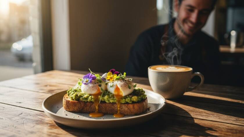 Dramatic close-up of a perfectly plated gourmet dish, steam gently rising, in a rustic Officer, Victoria cafe setting, expertly captured with artisan cafe food photography Officer Victoria, showcasing rich textures and vibrant colours under warm, directional light, ready to entice diners.