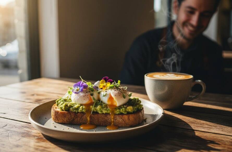 Dramatic close-up of a perfectly plated gourmet dish, steam gently rising, in a rustic Officer, Victoria cafe setting, expertly captured with artisan cafe food photography Officer Victoria, showcasing rich textures and vibrant colours under warm, directional light, ready to entice diners.