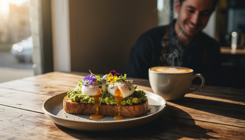Dramatic close-up of a perfectly plated gourmet dish, steam gently rising, in a rustic Officer, Victoria cafe setting, expertly captured with artisan cafe food photography Officer Victoria, showcasing rich textures and vibrant colours under warm, directional light, ready to entice diners.