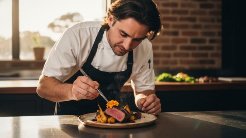 Artisan food photography for Sale Victoria eateries capturing a chef meticulously plating a gourmet dish under dramatic restaurant lighting, highlighting textures and colours with a shallow depth of field, evoking culinary artistry.